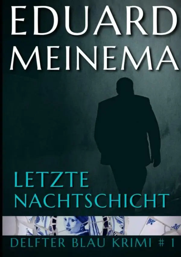 Donkere silhouet van een man in pak die wegloopt tegen een sfeervolle teal achtergrond in delfter blau krimi