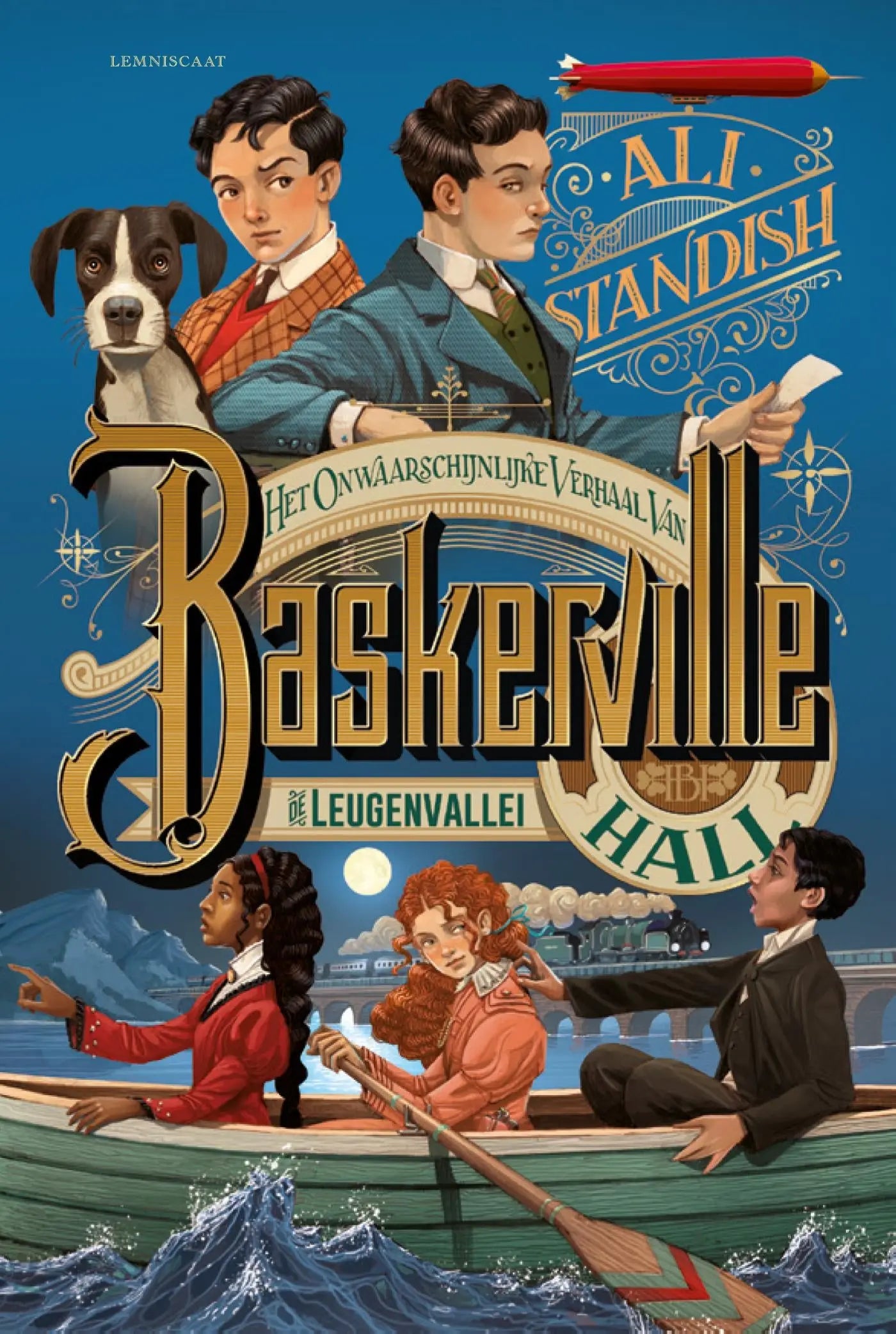 De illustratieve nederlandse editie van baskerville hall door ali standish met goud zwarte letters en een rode luchtschip