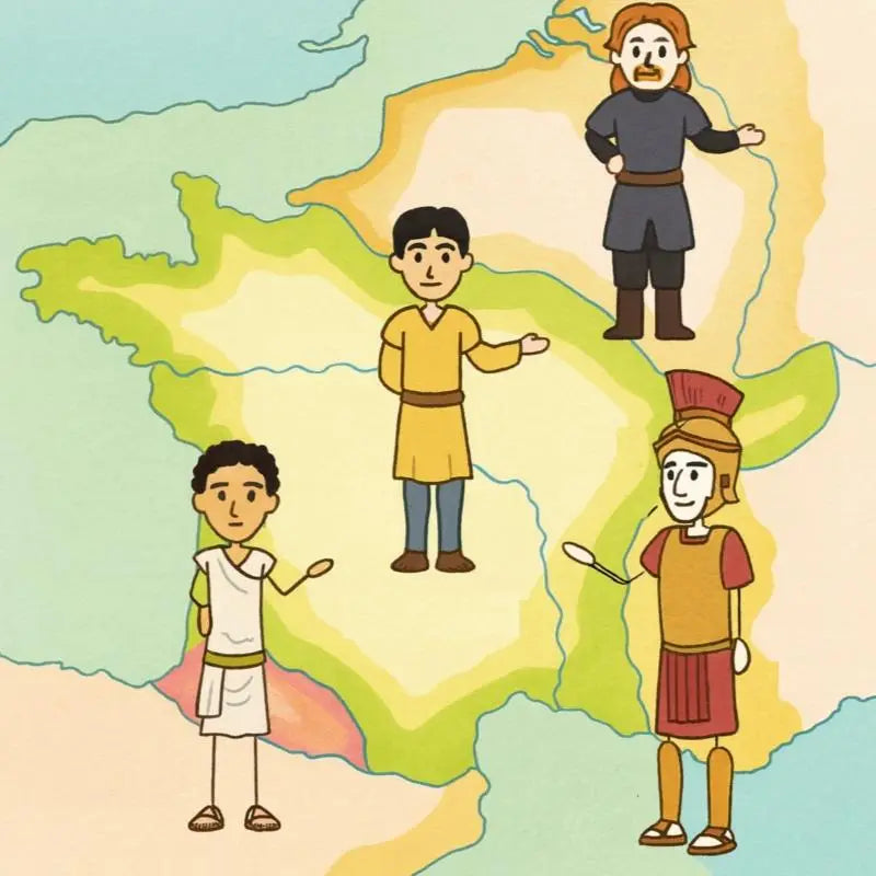 Illustrated map of france with four cartoon figures in historical attire for leuk latijn leren met stripjes iii product