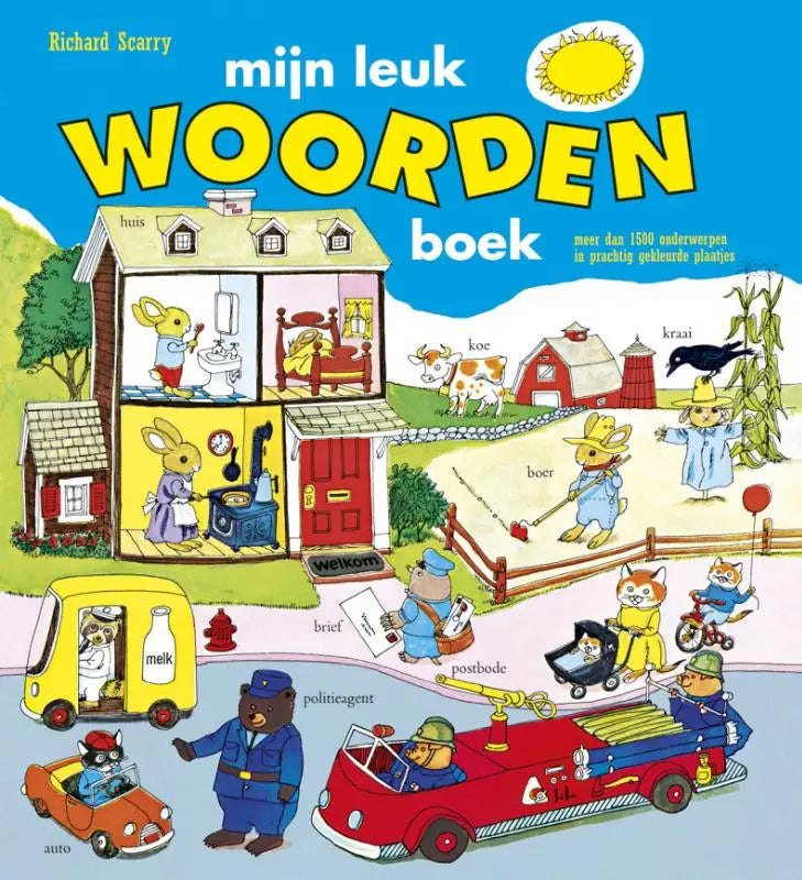 Cover van het kleurrijke illustrated boek mijn leuk woordenboek met cartoon dieren voor jonge lezers