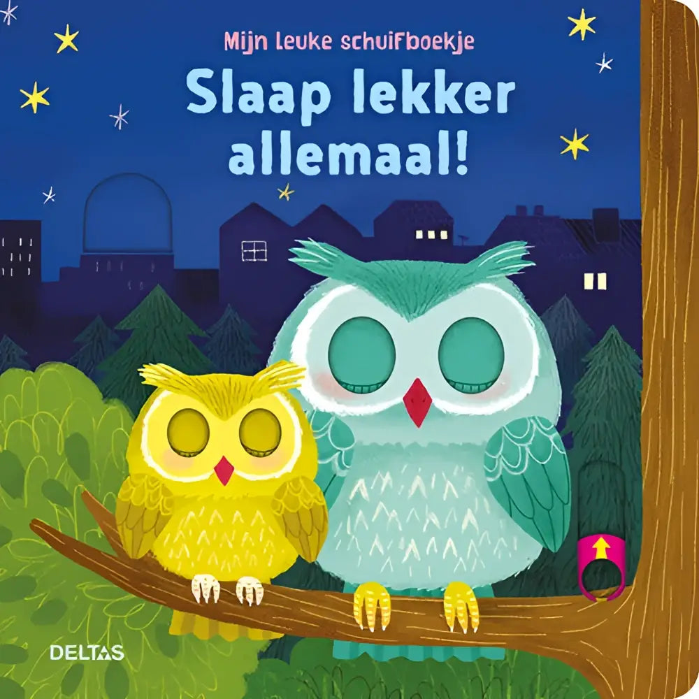 Een zacht blauw en geel geïllustreerd leuk schuifboekje met twee uilen onder een sterrenhemel voor slaap lekker allemaal