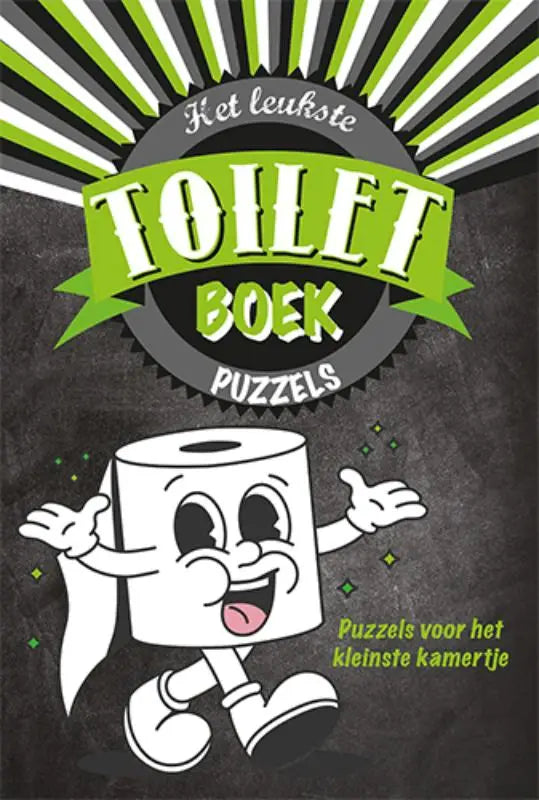 Een vrolijke cartoonrol toiletpapier met glimlach en zwaaiende armen op het leukste toiletboek puzzels