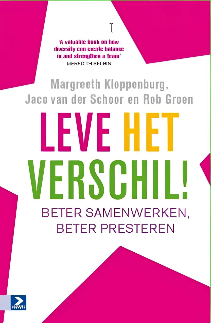 Vrolijke roze en witte geometrische omslag van het nederlandstalige boek leve het verschil beter samenwerken beter presteren
