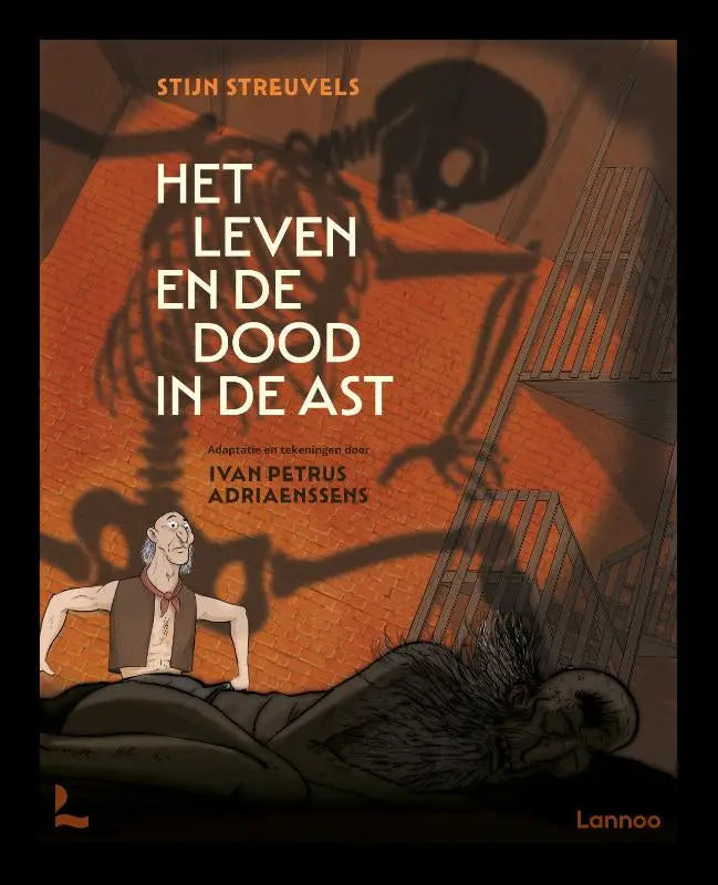 De cover van het graphic novel het leven en de dood in de ast door ivan petrus adriaenssens met cartoonachtige man in oranje tint