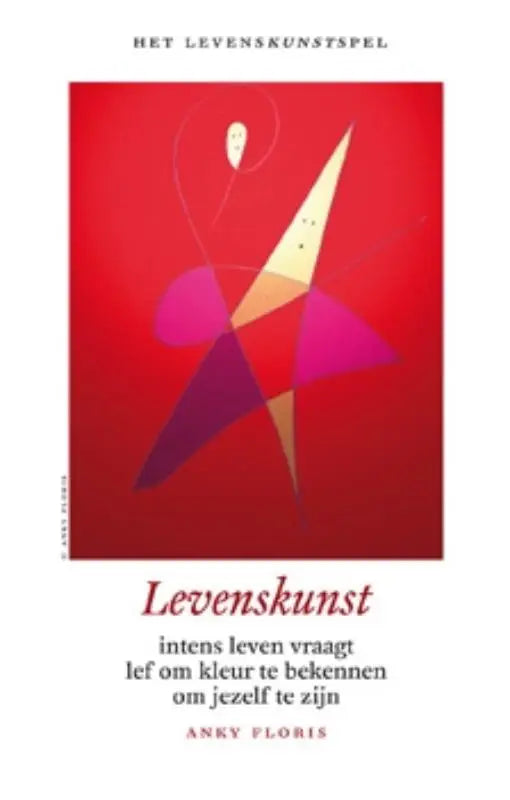 Rood boekcover van levenskunstspel met abstracte geometrische vormen in roze paars en beige op een levendige rode achtergrond