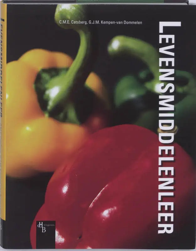 Levensmiddelenleer boek met een glanzende roodgele paprika tegen een donkere achtergrond op de cover