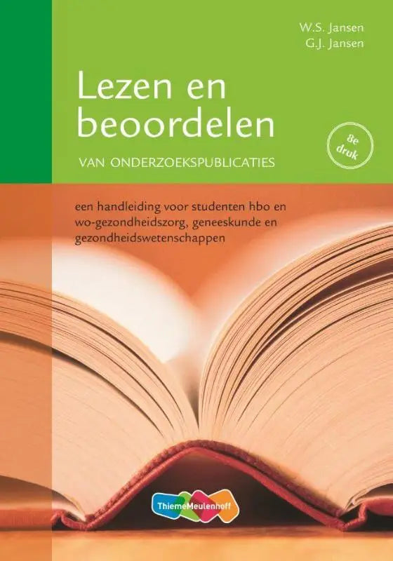 Open boek met roomkleurige pagina’s en roodbruine leren band van lezen en beoordelen van onderzoekspublicaties door w.s