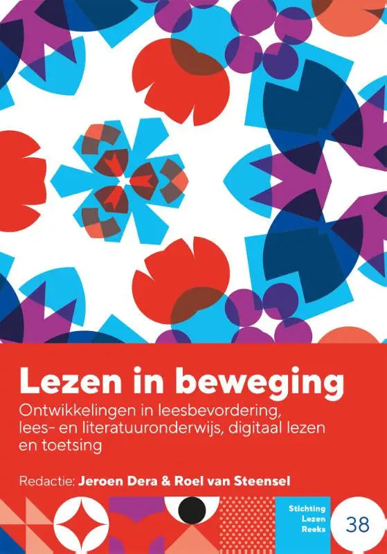 Vibrante geometrische patroon boekomslag met rode blauwe en paarse vormen op wit voor lezen in beweging jeroen dera stichting lezen reeks
