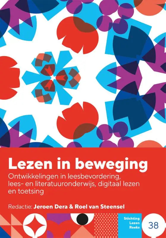 De voorkant van het boek lezen in beweging toont een abstract patroon met rood, blauw en zwart en behandelt digitaal lezen