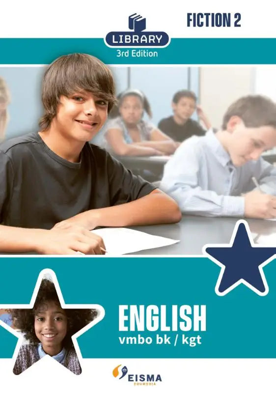 Teal en witte cover van fiction 2 engels vmbo bk kgt leerboek met lachende jongen in zwart shirt aan bureau