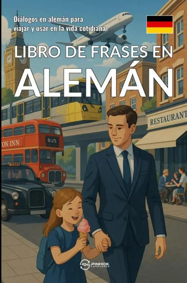 Vibrerende geïllustreerde boekcover met man en meisje hand in hand op drukke straat voor libro de frases en alemán voor reizen en gebruik