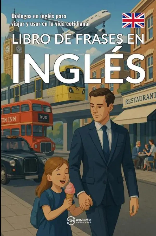 Vibrante geïllustreerde boekomslag van libro de frases en inglés met man en meisje voor londen landmarks voor reizen en het dagelijks leven