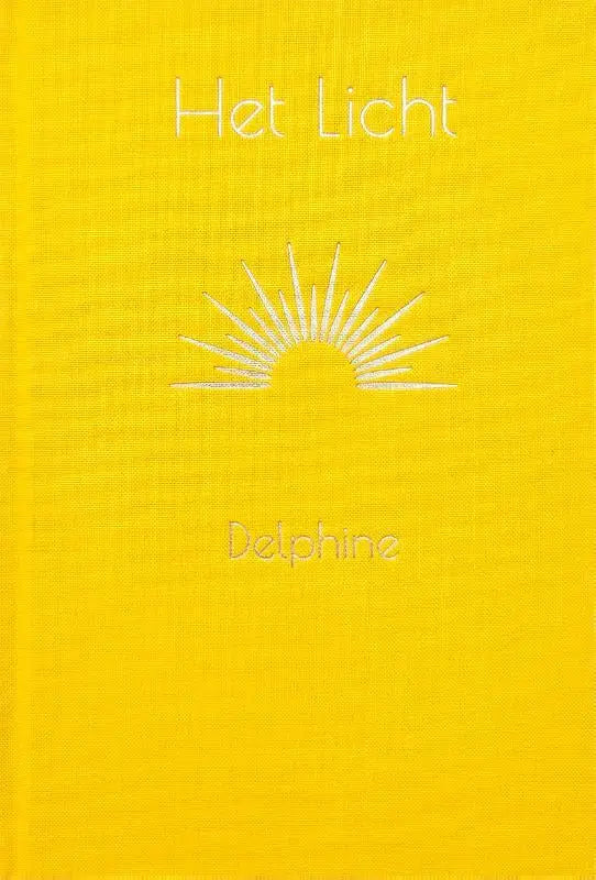 Bright geel boek het licht met witte geborduurde tekst en zonnestraal ontwerp op de omslag