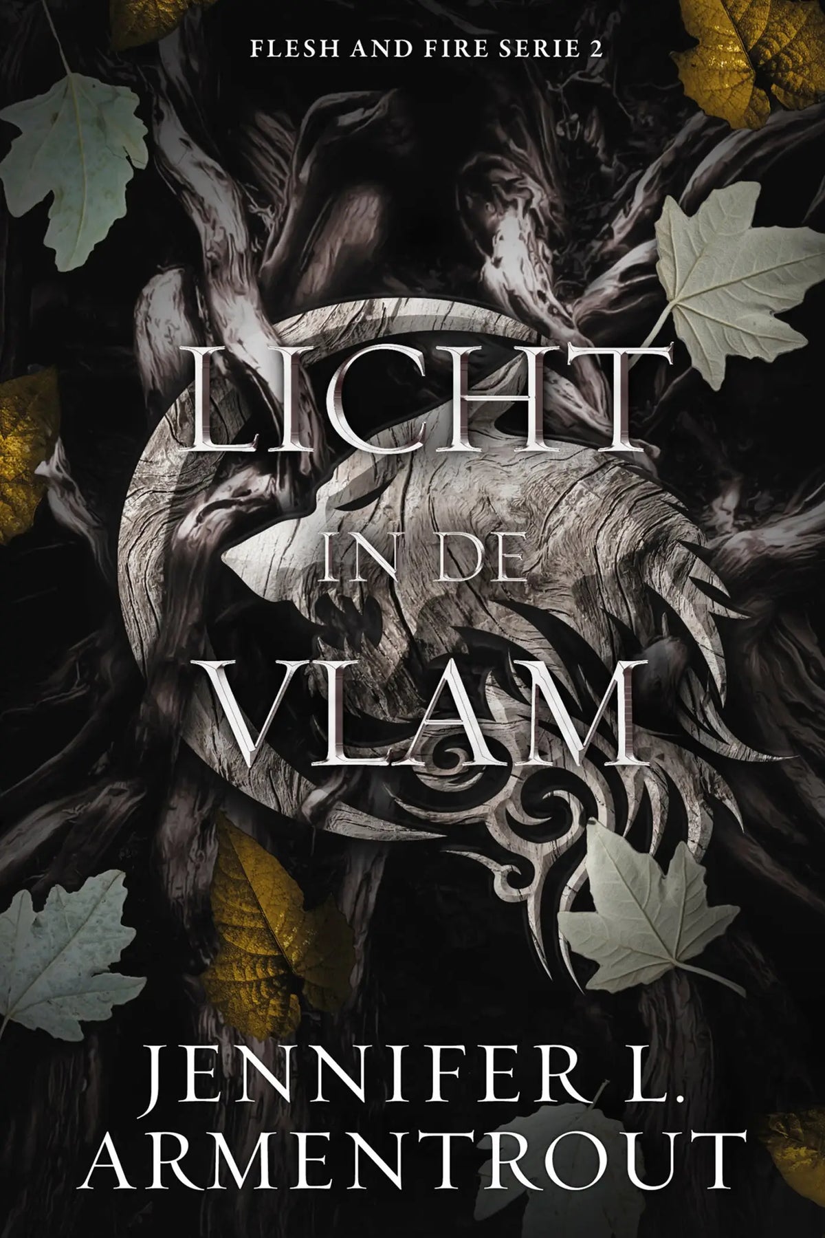 Boekcover van licht in de vlam door jennifer l met thema flesh and fire in een sfeervolle donkere kleurstelling