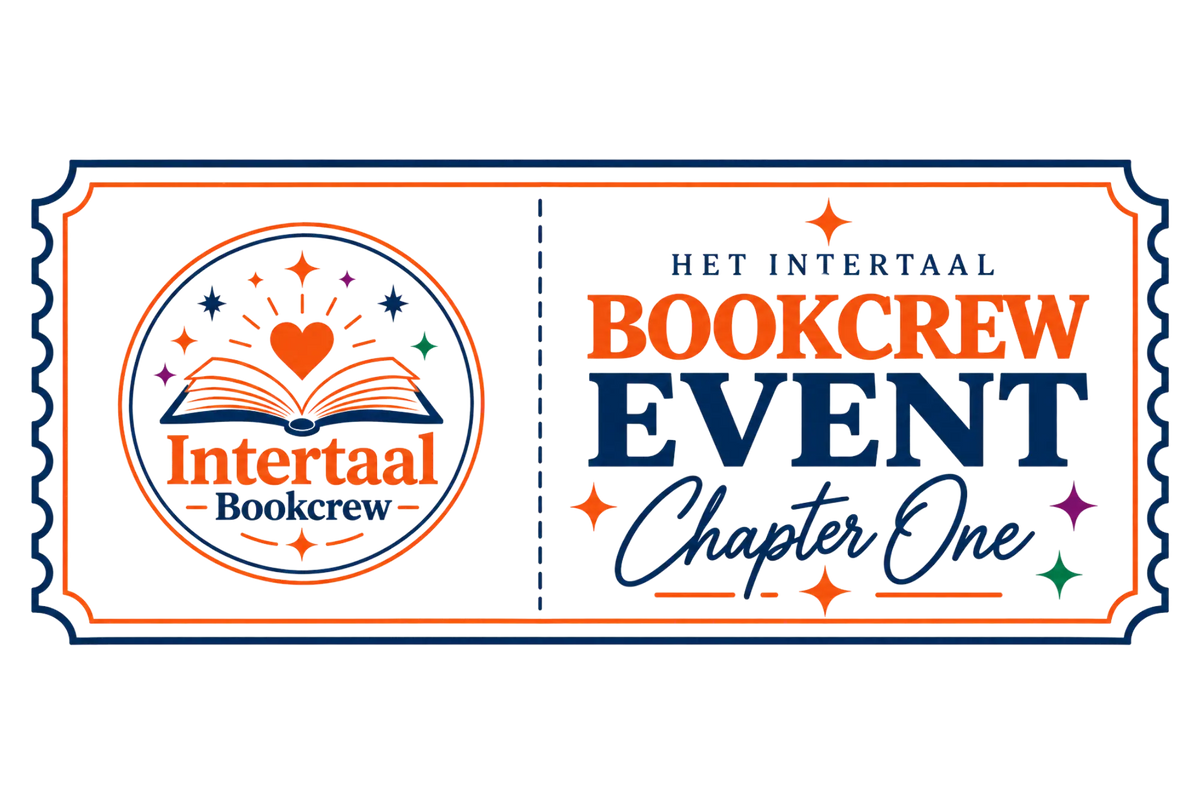 Ornate ticket-style logo for intertaal bookcrew event chapter one with circular emblem in orange blue and purple hues