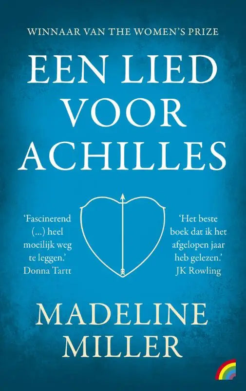 Een blauwe boekcover van een lied voor achilles door madeline miller met witte tekst en een hartvormige omlijning