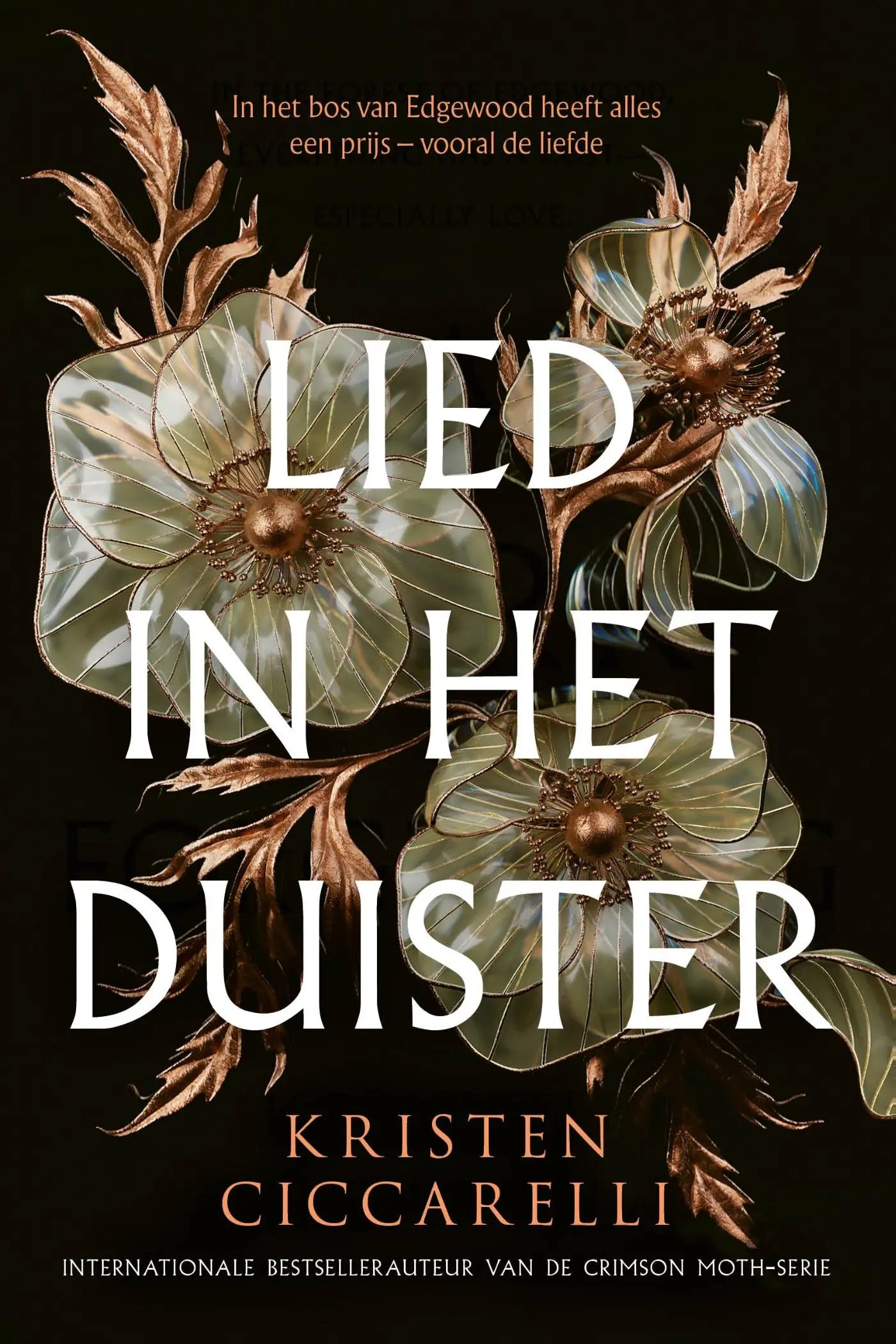 De boekband van lied in het duister met groene en gouden metalen bloemen en fijne details op een donkere achtergrond
