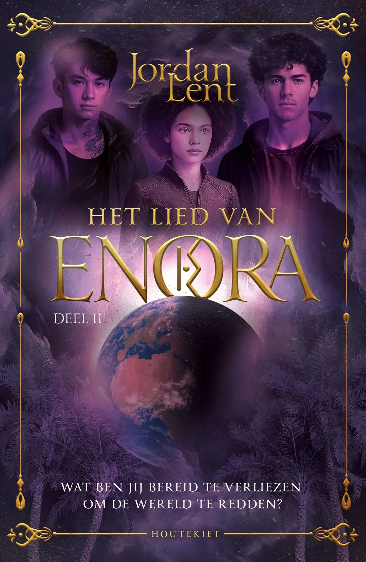 De cover van het boek het lied van enora deel ii door jordan lent toont drie jonge personages voor een mystiek paars gouden decor met een aarde planeet, gericht op jonge lezers
