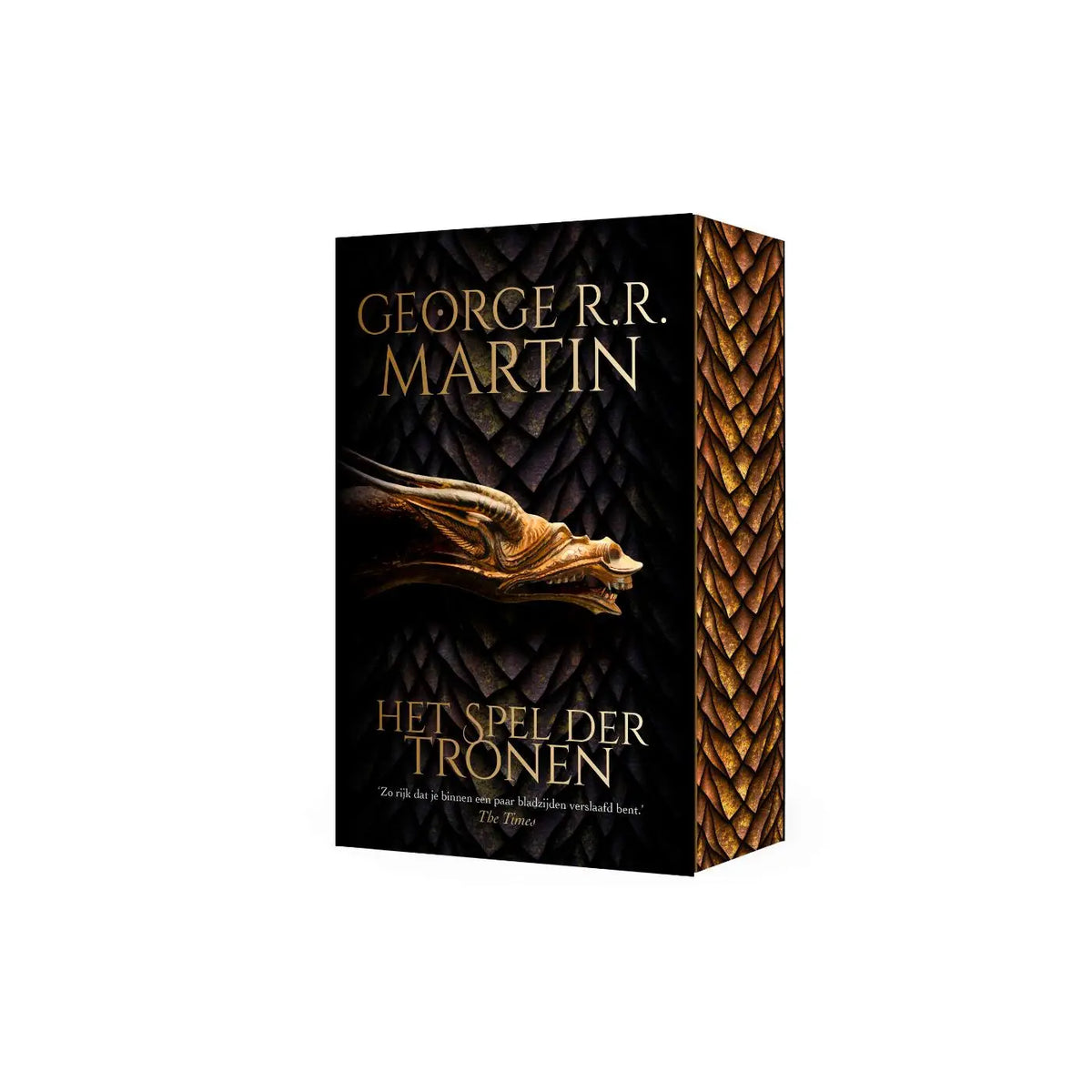 Zwarte boekenbox met gouden drakenkop en schubpatroon van het spel der tronen door george r.r. luitingh sijthoff fantasy editie