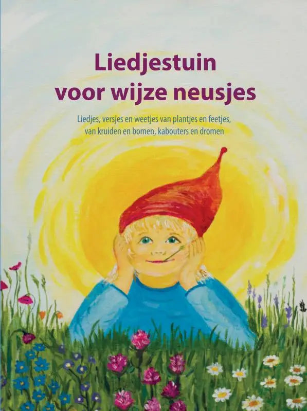 Een vrolijke kabouter met een rode puntmuts en blauw overhemd staat in een veld bloemen voor wijze neusjes