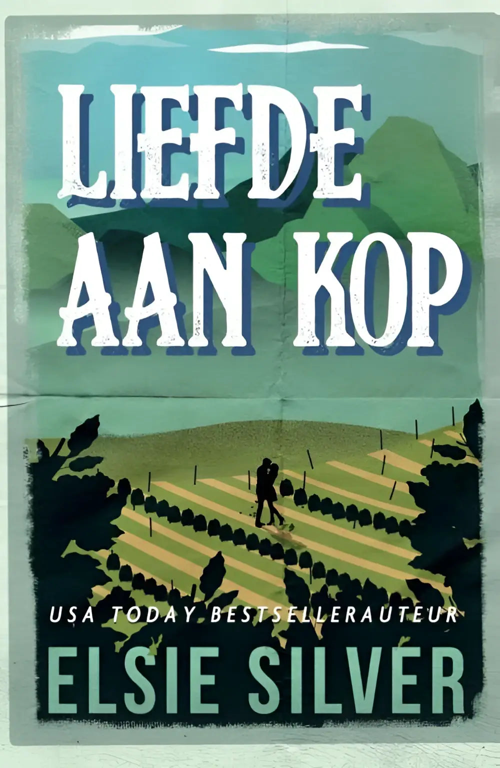 Vintage stijl boekcover liefde aan kop van elsie silver met wit lettertype op teal achtergrond en wijngaard illustratie ranch romance