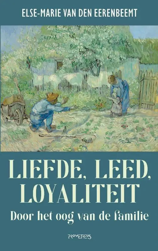 De boekcover van liefde leed loyaliteit toont een zachte impressionistische illustratie van twee figuren in een tuinfamiliesetting