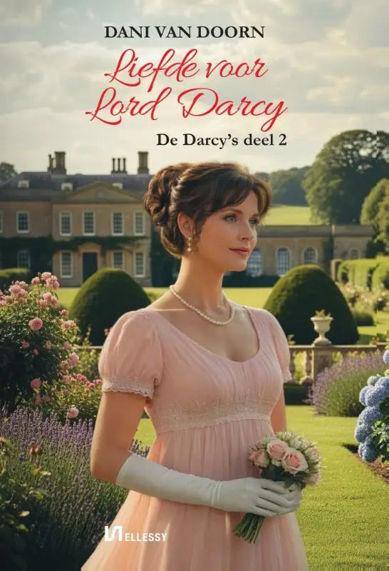 Een vrouw draagt een zachtroze vintage jurk met kant en korte pofmouwen in liefde voor lord darcy