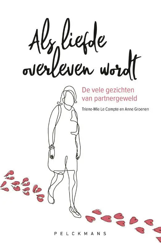 Minimalistische lijntekening van een vrouw in eenvoudige jurk met rode hartvormige blaadjes achter zich over vele gezichten liefde overleven