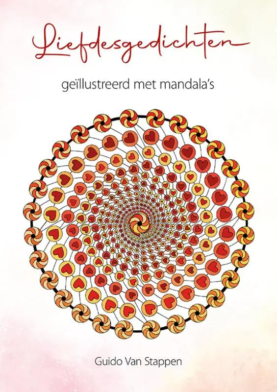 Boekcover van liefdesgedichten geïllustreerd met mandala’s in rode en oranje hartvormige patronen