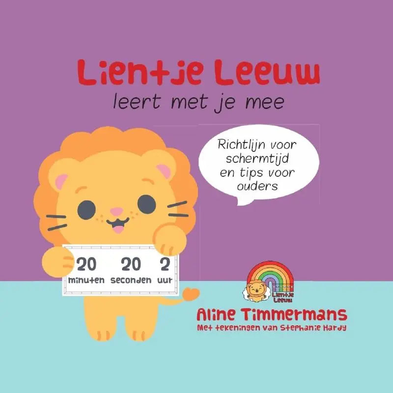 Een vrolijke oranje cartoon leeuw van lientje leeuw leert die een witte timer houdt met 20 20 2 minuten seconden uur