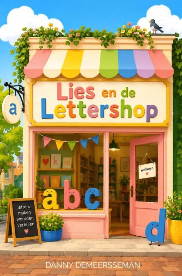 Het voorleesboek lies en de lettershop toont een kleurrijk regenboog gestreept zonnescherm boven de ingang