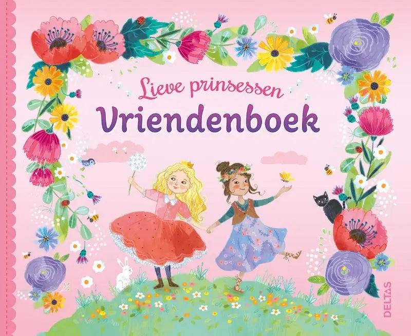 Pink kinderen boek lieve prinsessen vriendenboek met twee geïllustreerde prinsessen en kleurrijke bloemenrand van deltas chantecler