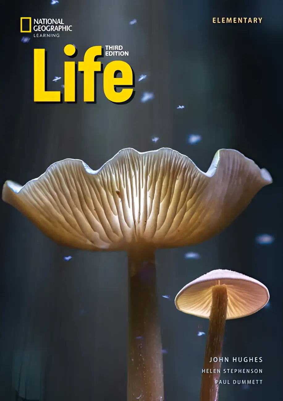 De voorkant van life 3rd edition elementary boek split b spark platform toont twee lichtbruine paddenstoelen op donkere achtergrond