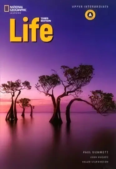 De cover van life 3rd edition upper-intermediate workbook toont een zonsondergang met silhouetten van bomen in water