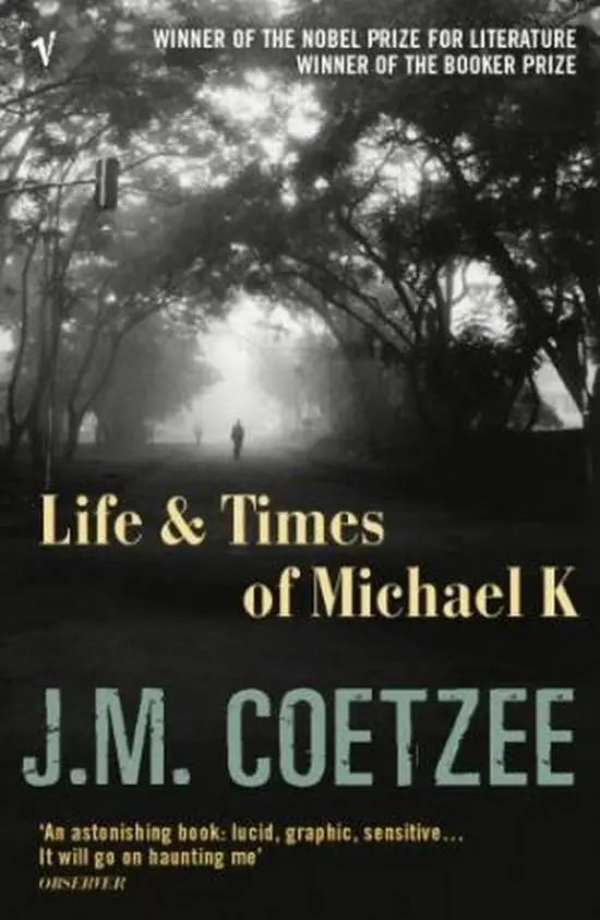Zwart-wit boekomslag met titel life and times of michael k door j.m in product life and times of michael k