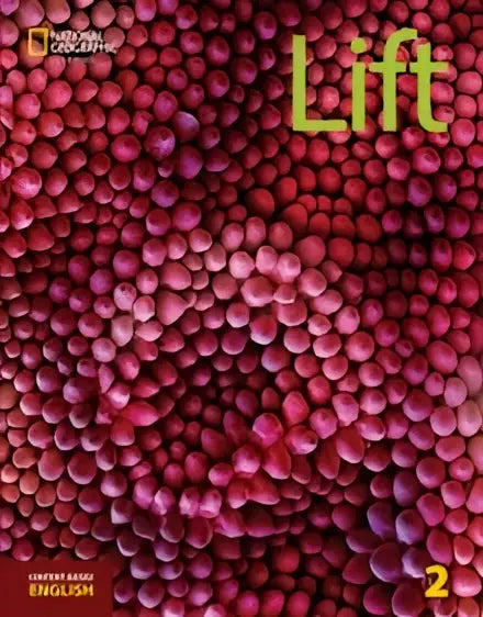 De cover van het national geographic lift level 2 engels leerboek toont een close-up van kleine rozerode objecten
