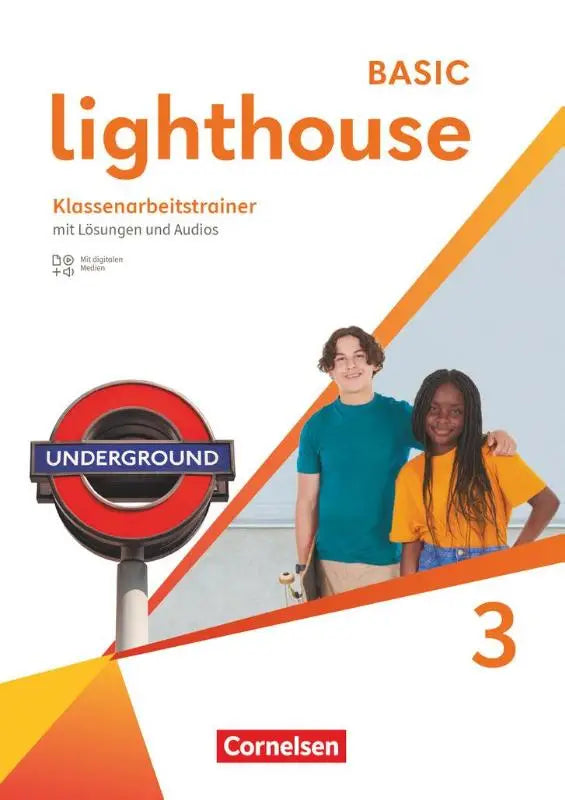 De cover van de basic lighthouse 3 workbook van cornelsen met een rode london underground en twee lachende studenten, lighthouse band mit audios
