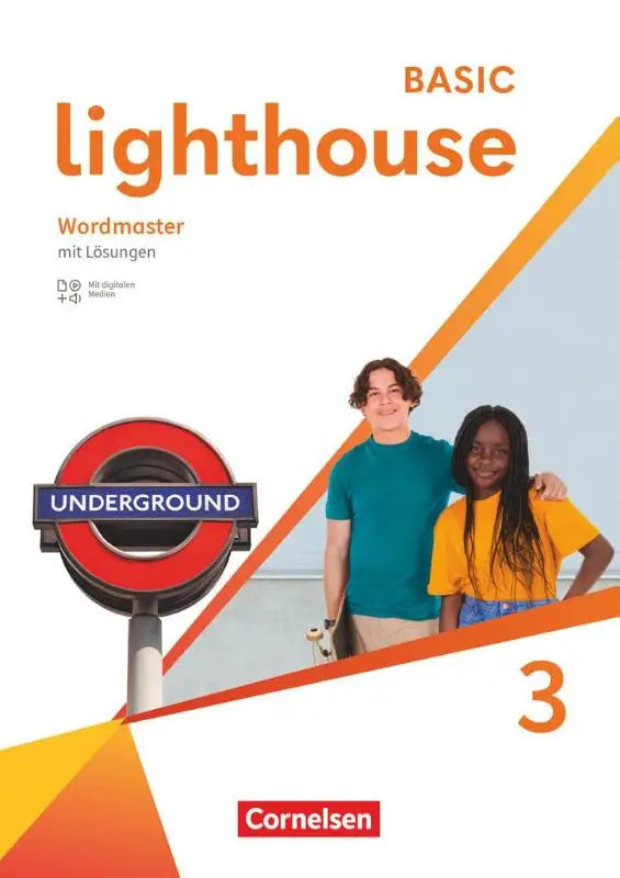 De cover van het basic lighthouse 3 engels werkboek door cornelsen met een london underground teken en twee studenten met audios und oplossingen