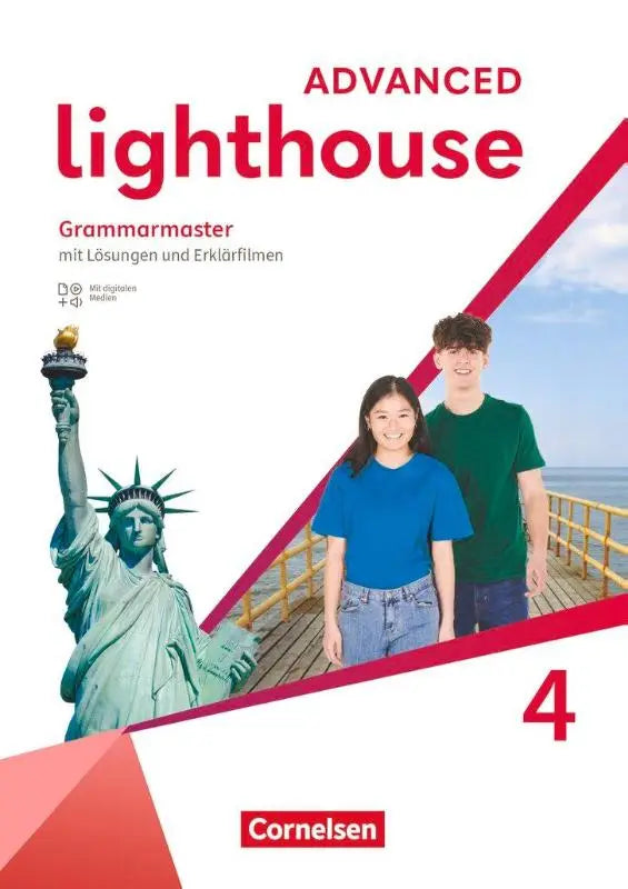 De cover van lighthouse band 4 advanced edition grammarmaster mit lösungen und groene vrijheidsbeeldillustratie met studenten