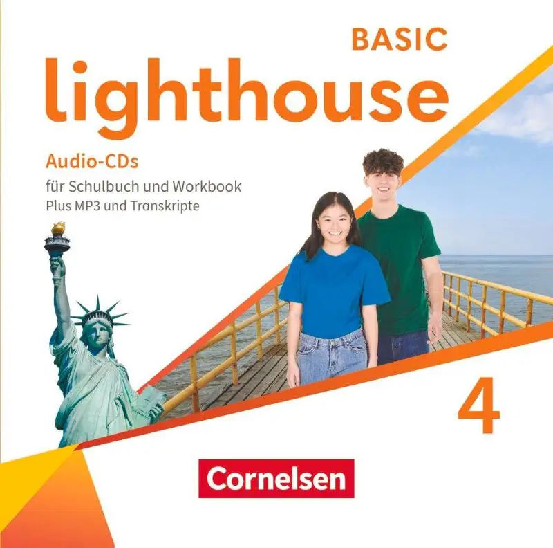 De oranje witte basic lighthouse textbook cover level 4 met een man en vrouw op een pier en de vrijheidsbeeld illustratie voor schulbuch und workbook