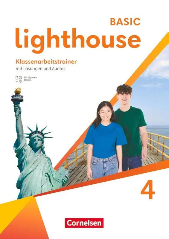Orange en witte basic edition van lighthouse band 4 met audios en illustratie van statue of liberty en studenten op pier