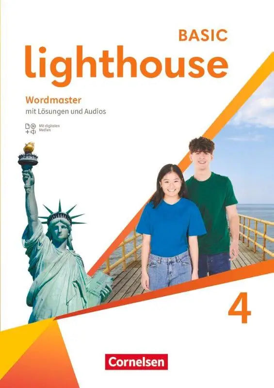 De cover van het lighthouse band 4 basic edition duitse leerboek met groene vrijheidsbeeld illustratie en und audios