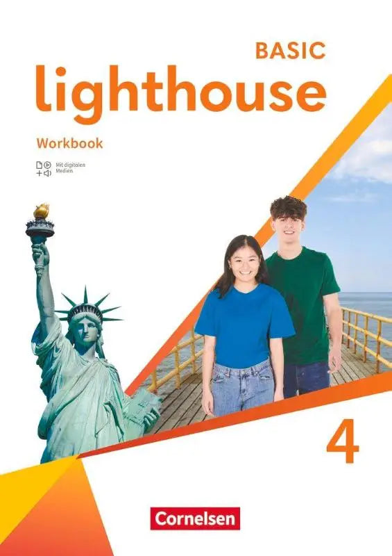 De basic lighthouse 4 workbook van cornelsen toont de statue of liberty en twee studenten met een oranje wit ontwerp, mit audios
