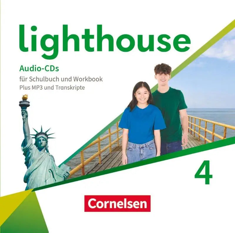 Green and white lighthouse band 4 audio cds cover with young man and woman on pier near statue of liberty for schulbuch und workbook general edition