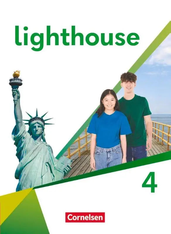 Green and white lighthouse band 4 schulbuch cover with statue of liberty two students pier and cornelsen logo mit digitalen medien general edition