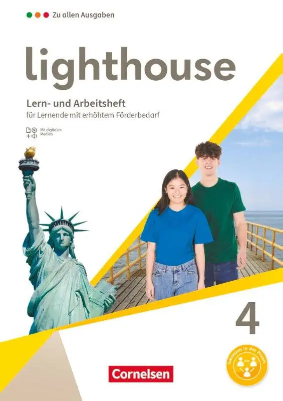 De cover van het lighthouse band 4 leer- en werkboek met groene vrijheidsbeeldillustratie en mit digitalen medien