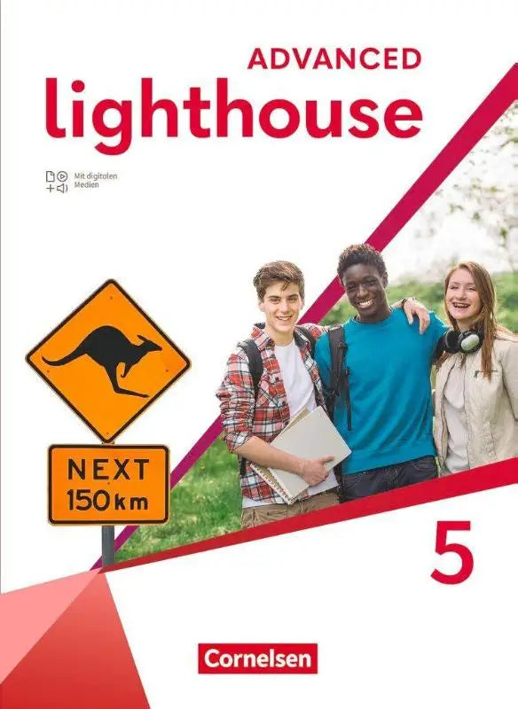 Advanced edition lighthouse band 5 9e leerjaar schoolboek met drie lachende studenten en digitale medien cover