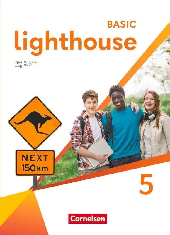 Oranje en witte basic edition lighthouse band 5 schulbuch met drie lachende studenten en kangaroo verkeersbord mit digitalen medien