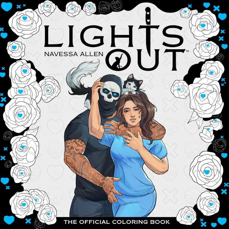 De officiële coloring book lights out van navessa allen met zwart-wit illustratie en blauwe bloemenranden