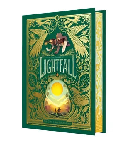 De deluxe editie van ligthfall the girl and the galdurian bevat een groen gouden boek met een gloeiende orb en gedetailleerde illustraties, perfect voor fans van pig wizard bea and cad